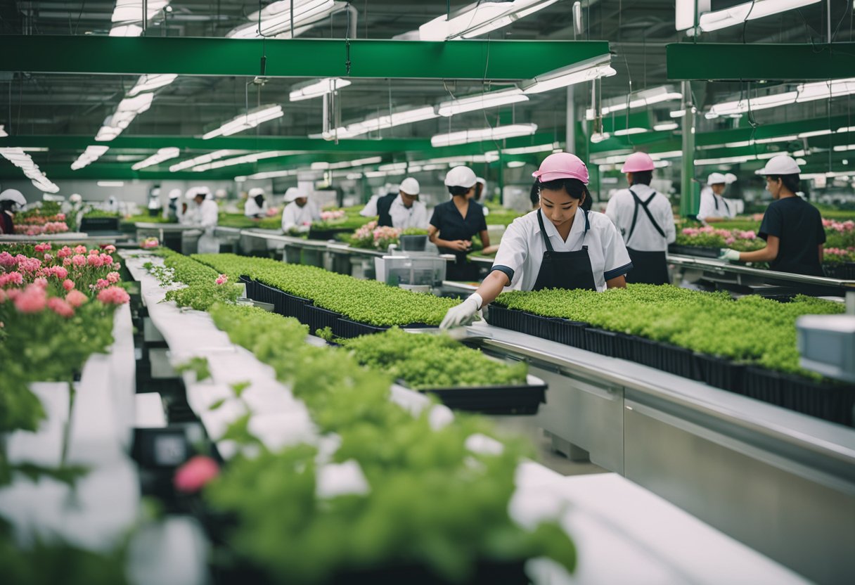 A garment factory with solar panels, recycling bins, and workers in fair trade clothing, surrounded by lush greenery and blooming flowers