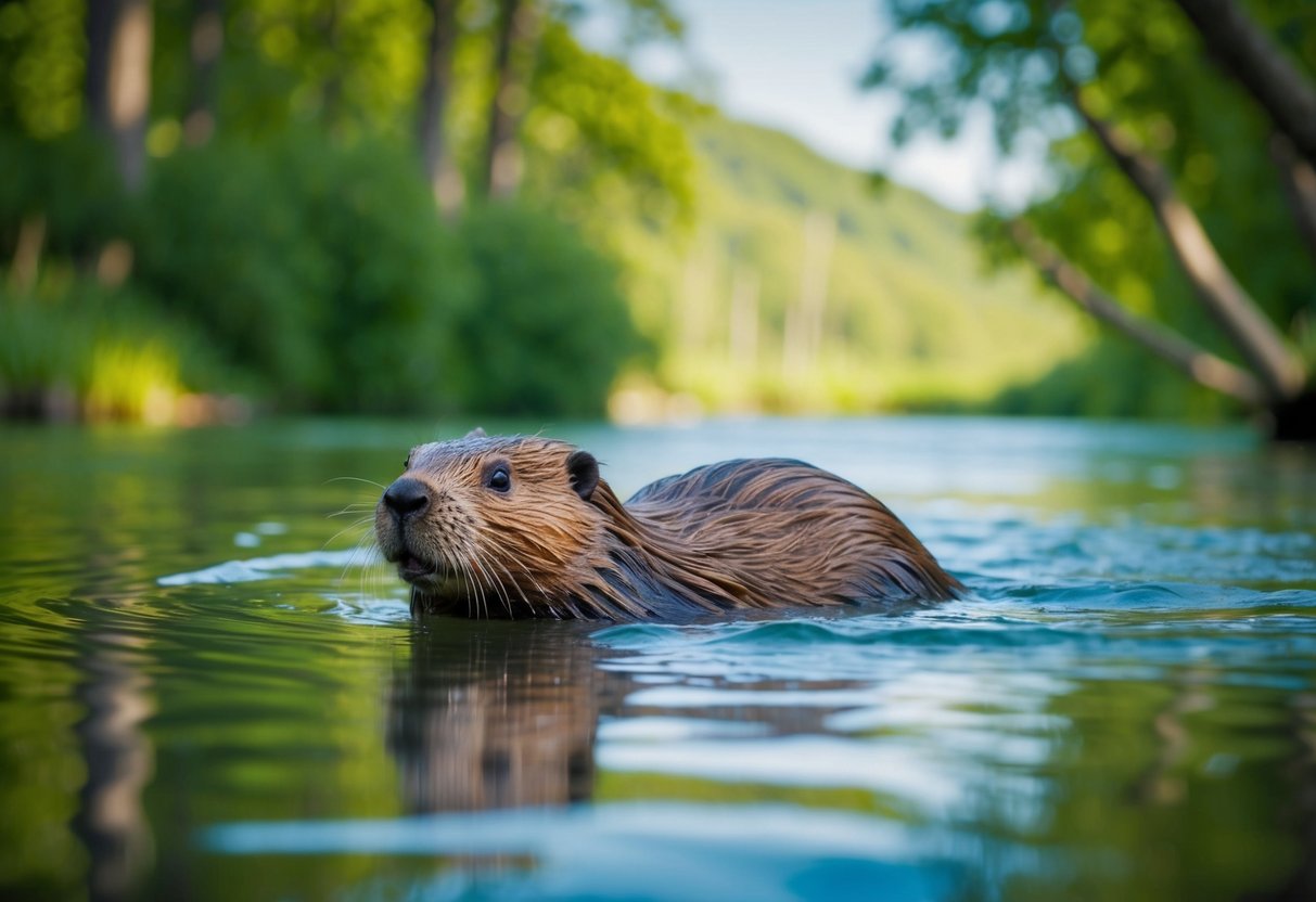 A beaver swims peacefully in a serene river, surrounded by lush green trees and a tranquil, natural habitat