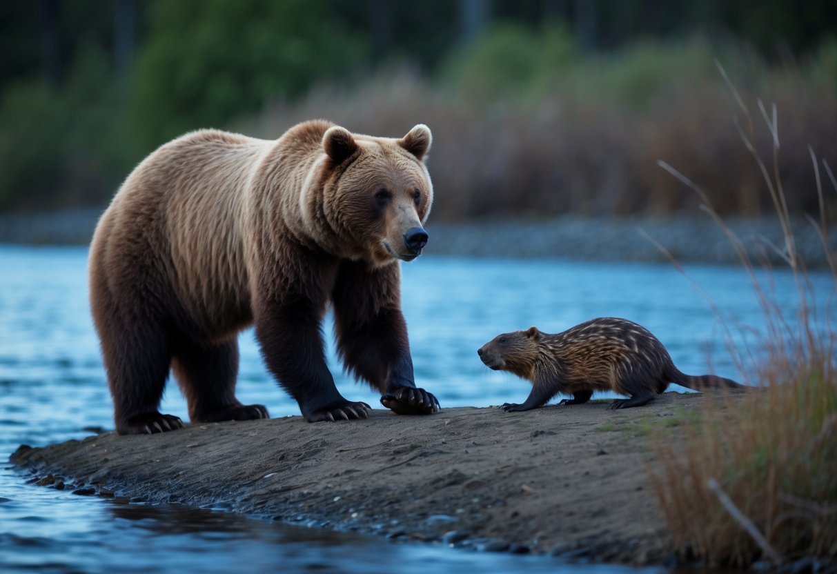 A bear stalks a beaver near a riverbank at dusk