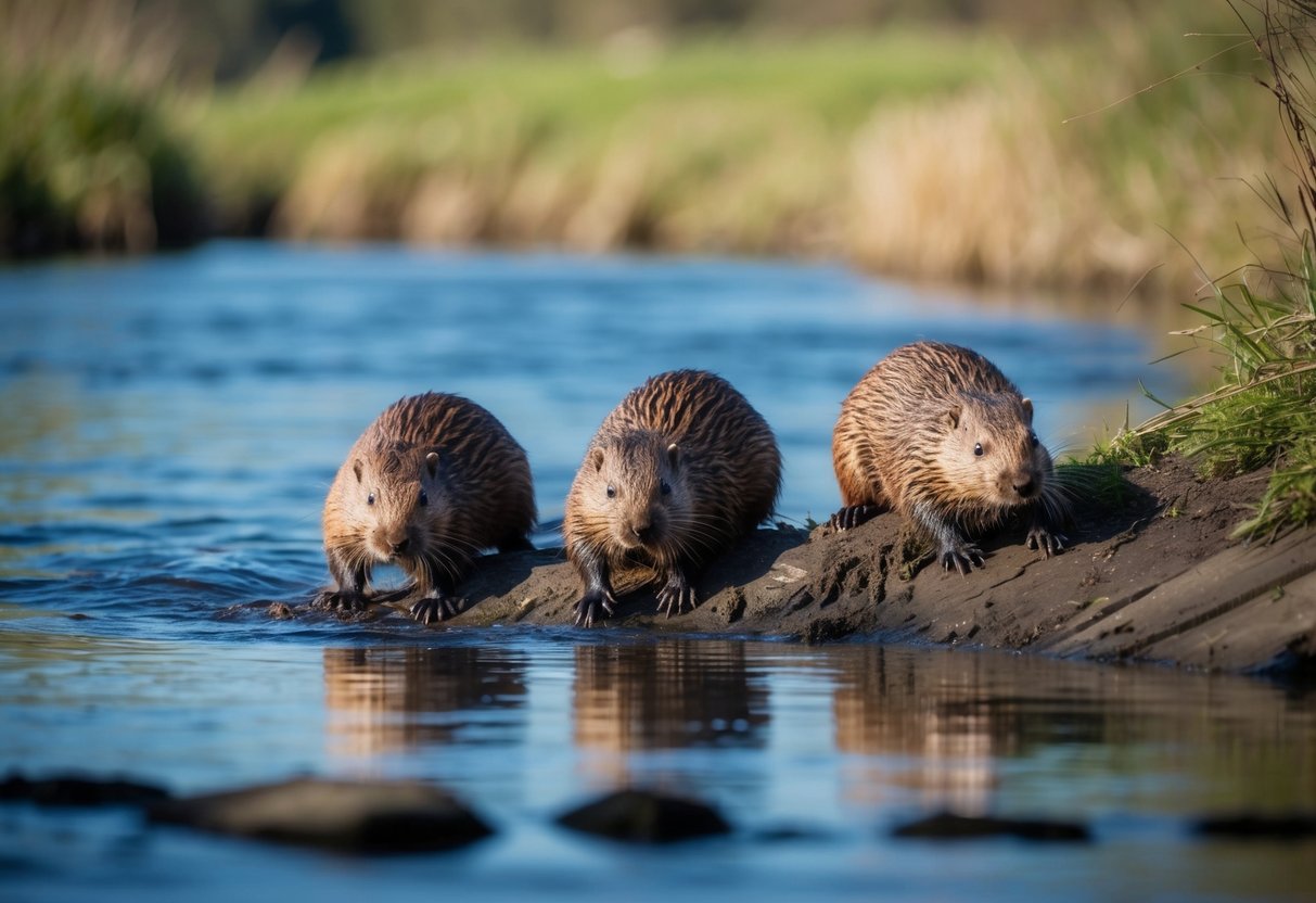 A family of wild beavers building a dam along a tranquil river in the UK