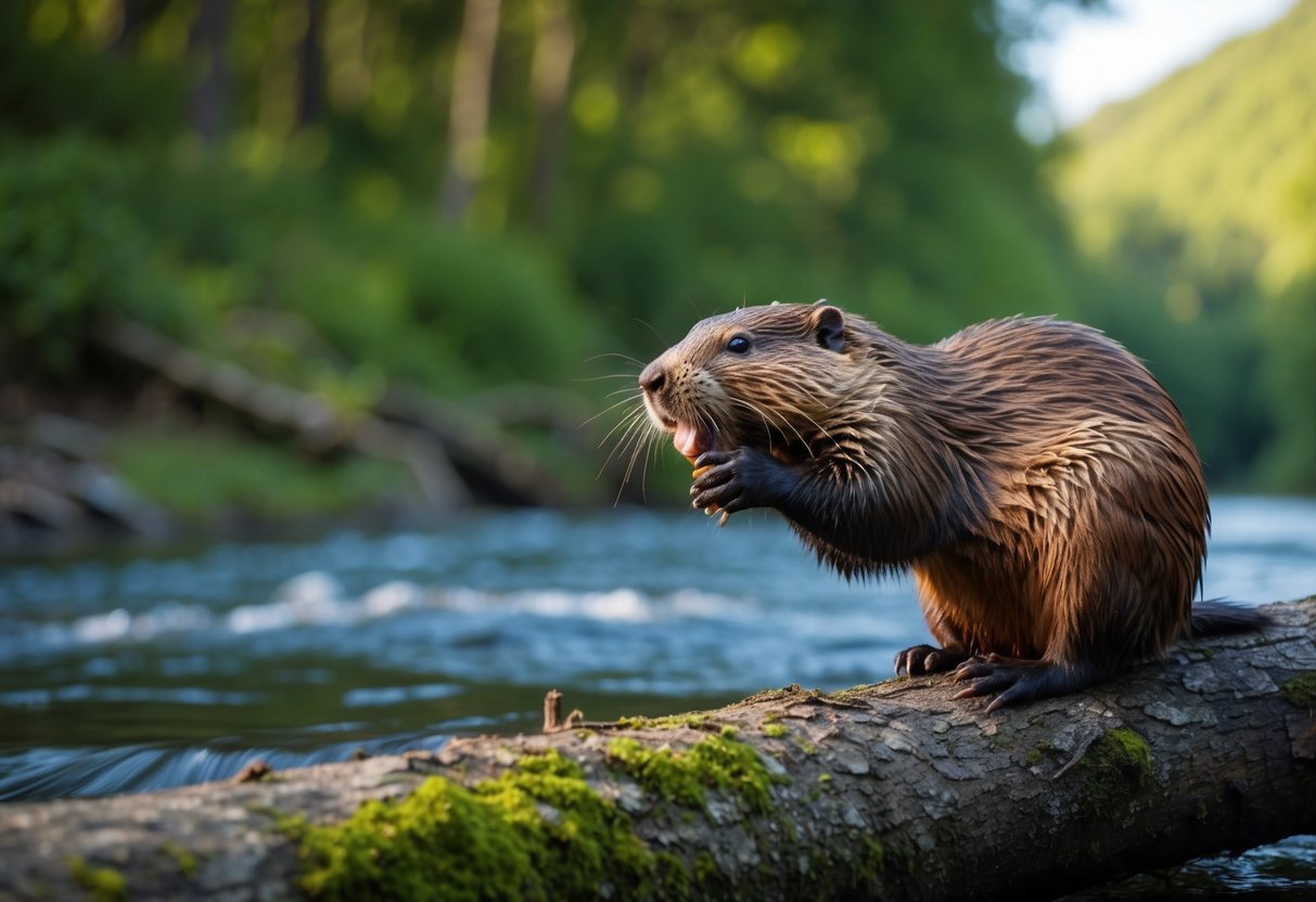 A beaver gnaws on a tree branch near a flowing river, surrounded by a lush, wooded habitat