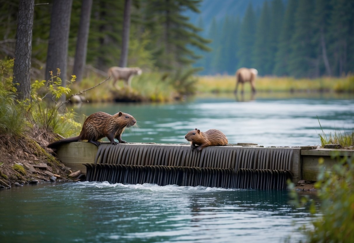 A beaver builds a dam in a tranquil river, surrounded by dense forest and wildlife. A large predator lurks in the distance, eyeing the beaver with intent