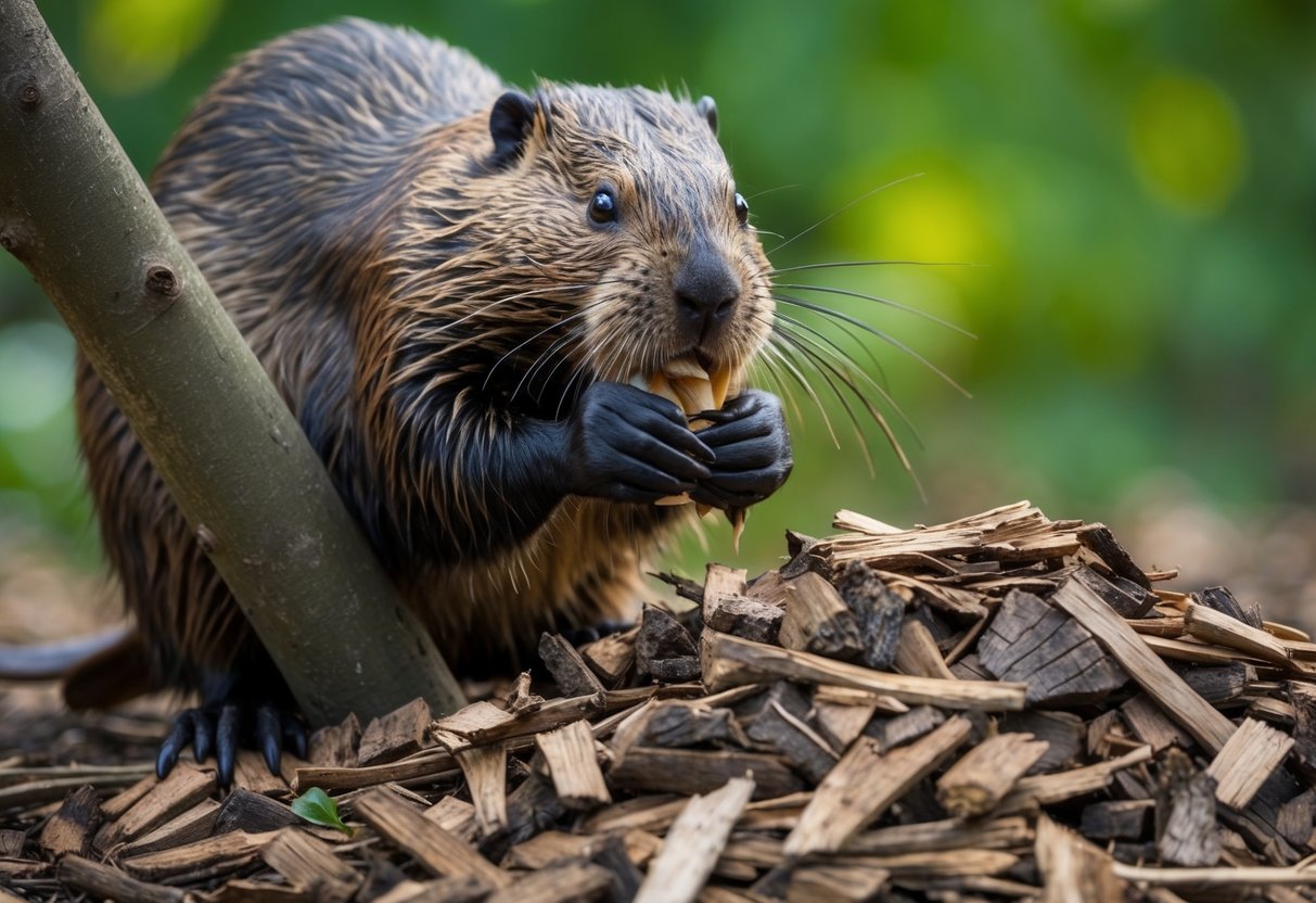 A beaver gnaws on a tree branch, surrounded by a pile of wood chips. Its sharp teeth and determined expression dispel the myth of beavers being carnivorous
