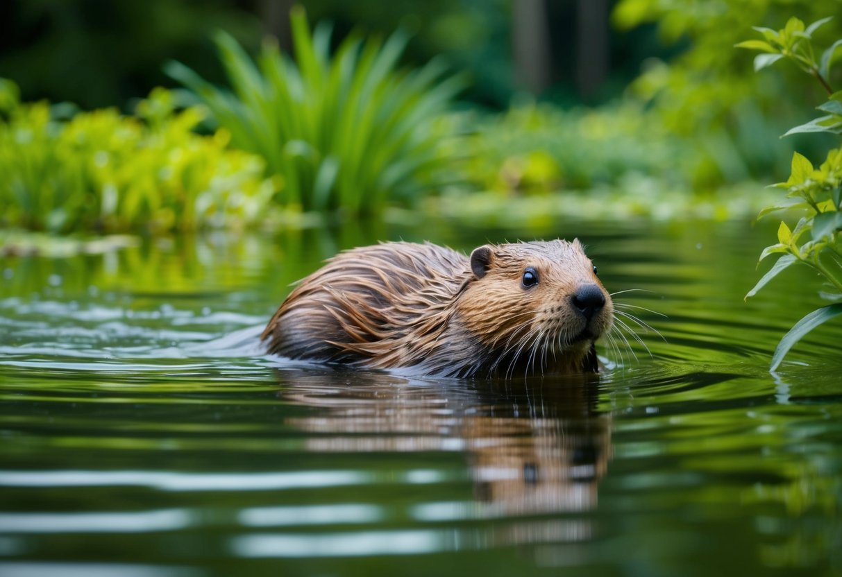 A beaver swims peacefully in a tranquil pond, surrounded by lush green trees and vibrant plant life. The water ripples gently as the beaver glides through, undisturbed by any natural predators