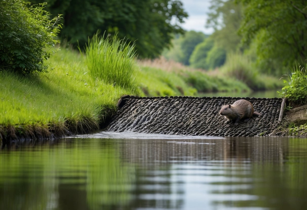 A serene riverbank in the UK, with lush greenery and a burrowed beaver dam, as a curious beaver emerges to survey its surroundings