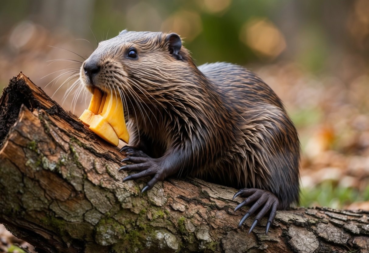 A beaver gnaws on a thick tree trunk, its sharp incisors effortlessly chipping away at the wood