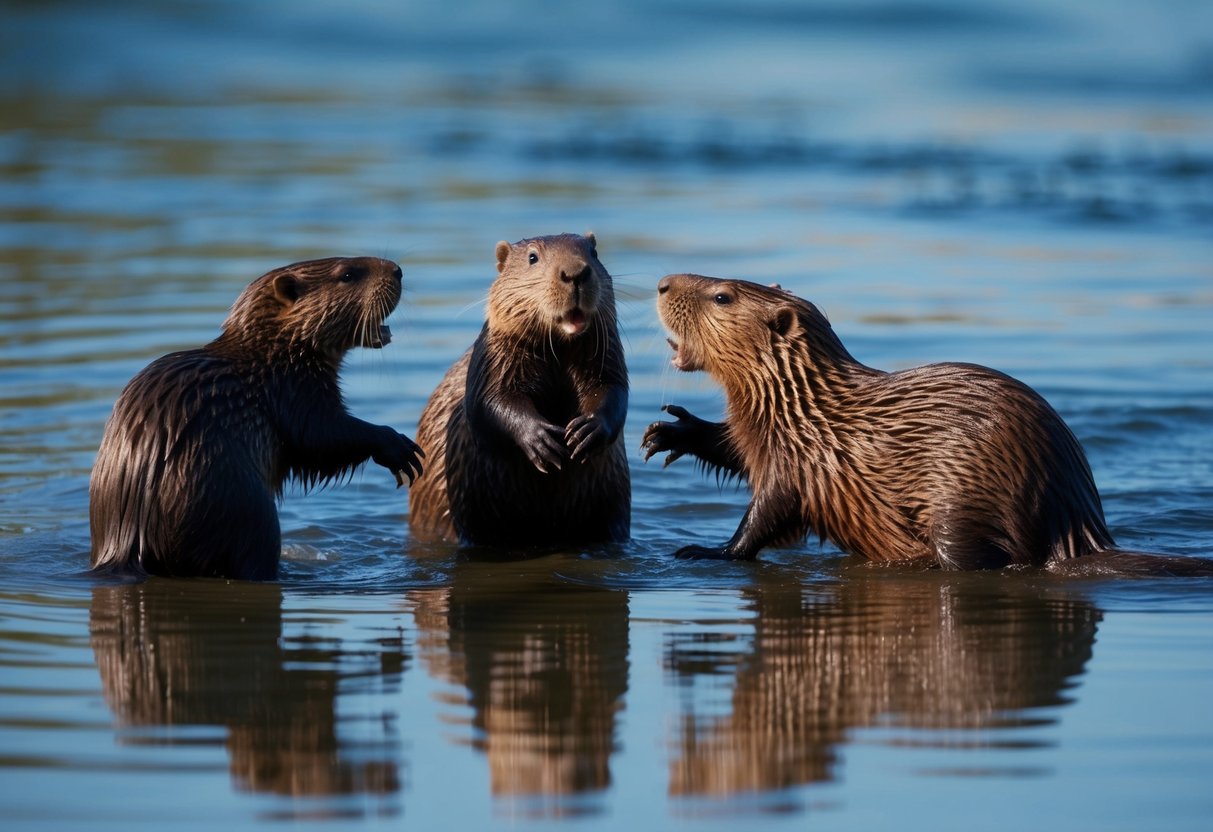A family of wild beavers approaches a calm riverbank, their sleek fur glistening in the sunlight as they playfully interact with each other