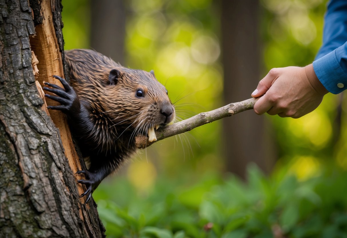 A beaver effortlessly gnaws through a thick tree trunk while a human struggles to break a small stick with their teeth