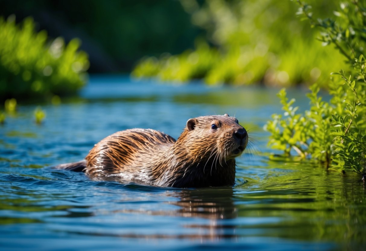 A wild beaver swims calmly in a tranquil river, surrounded by lush green vegetation and the peaceful sounds of nature