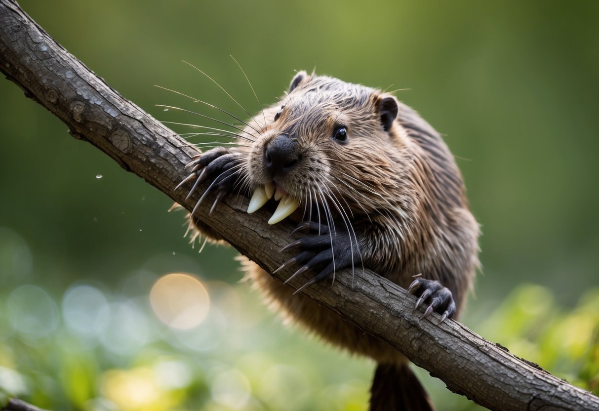 A beaver gnaws on a thick tree branch, its self-sharpening teeth effortlessly cutting through the wood