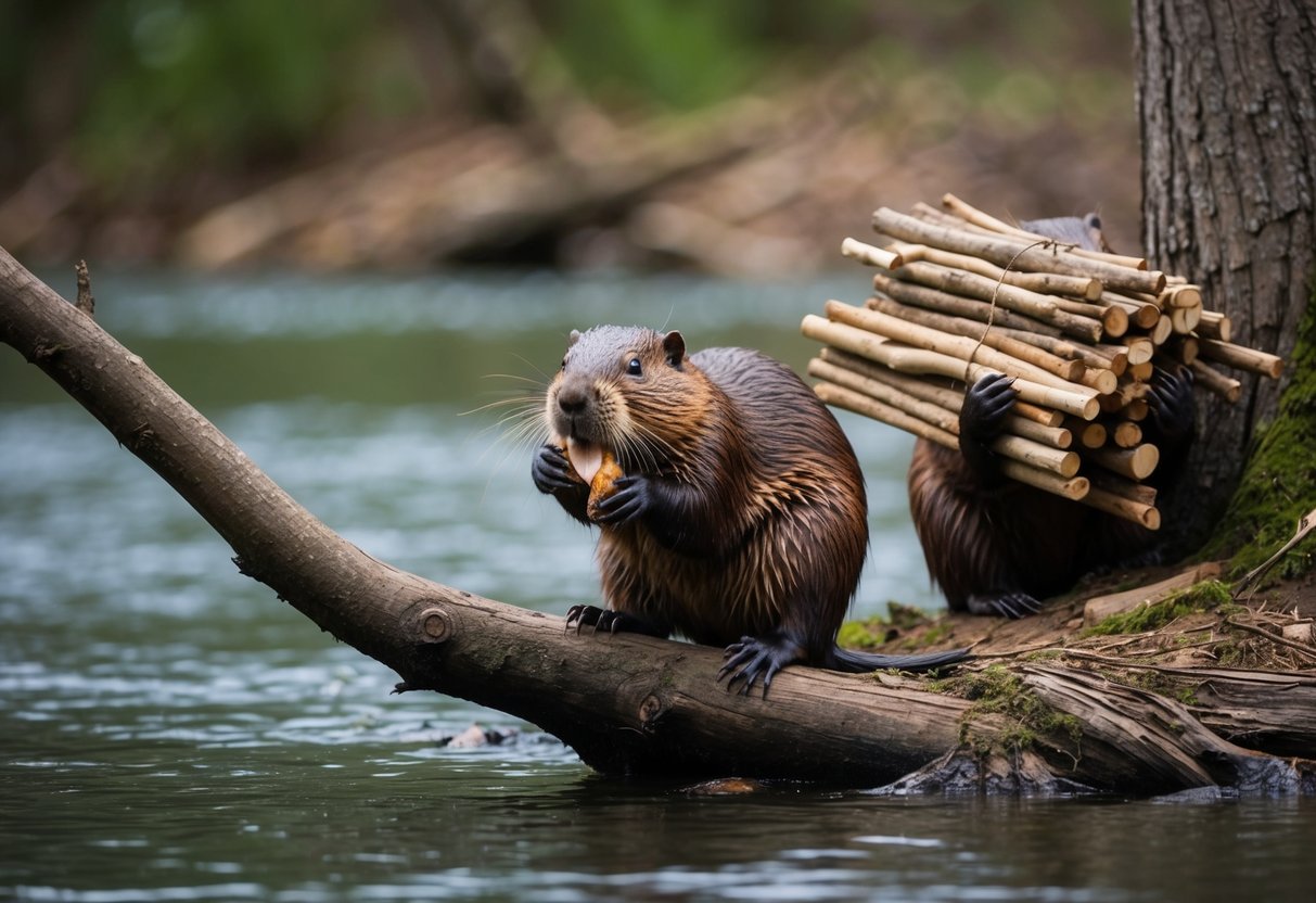 A beaver gnaws on a tree branch near a river, while another beaver carries a bundle of sticks to a lodge
