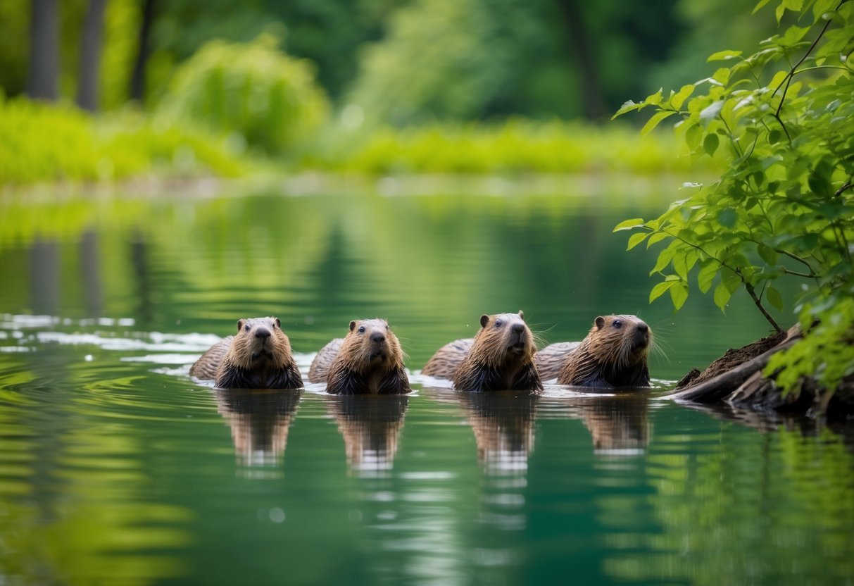A family of beavers swims in a tranquil pond, surrounded by lush green trees and a small dam they have built
