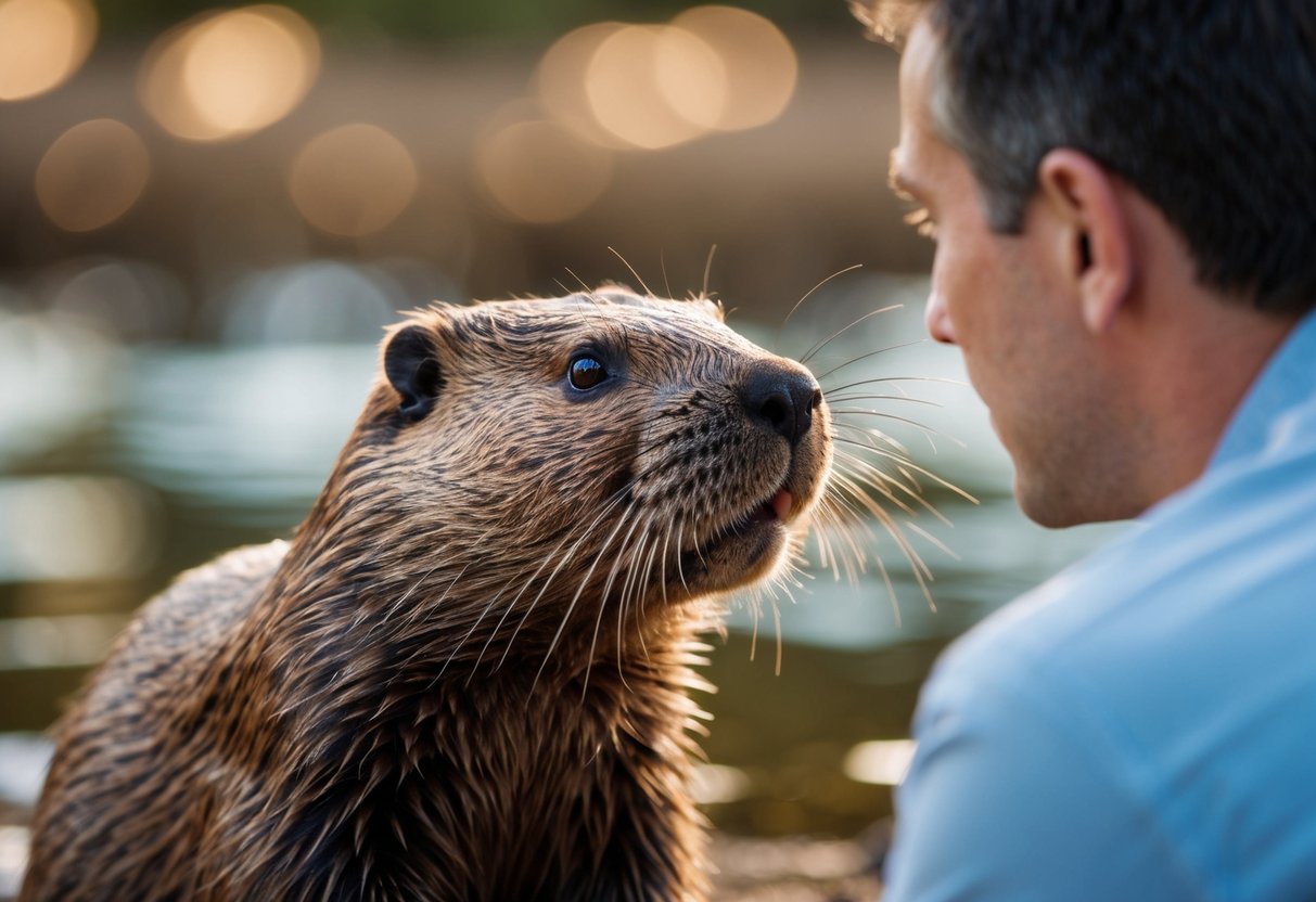 A beaver approaches a calm human, sniffing cautiously