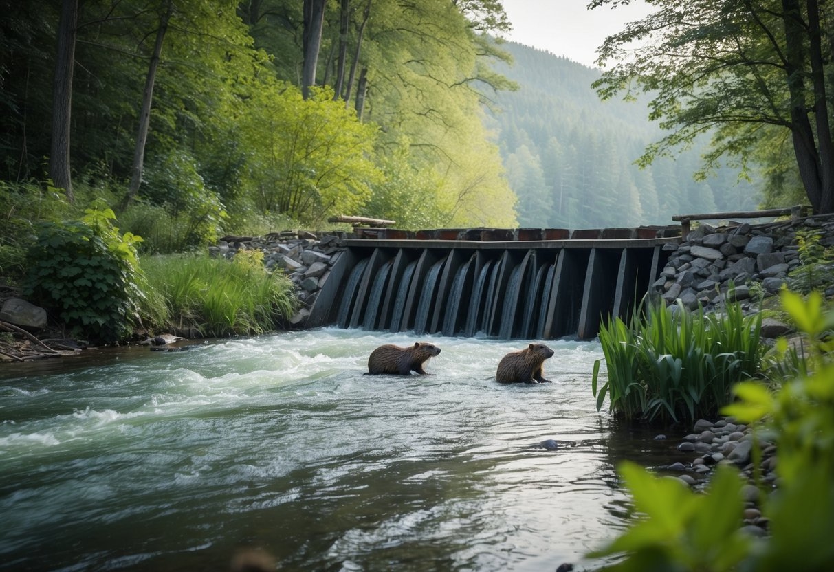 A beaver family building a dam, surrounded by a lush, forested riverbank with flowing water and a variety of plants and trees