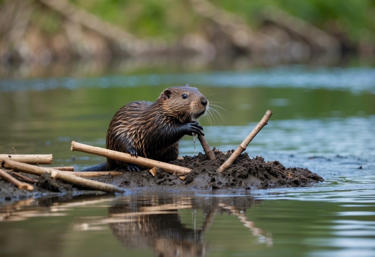 A beaver damming a river with sticks and mud, creating a serene pond