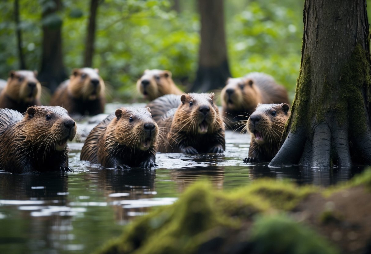 A group of massive beavers roam a lush forest, their size and strength evident as they gnaw on trees and build dams
