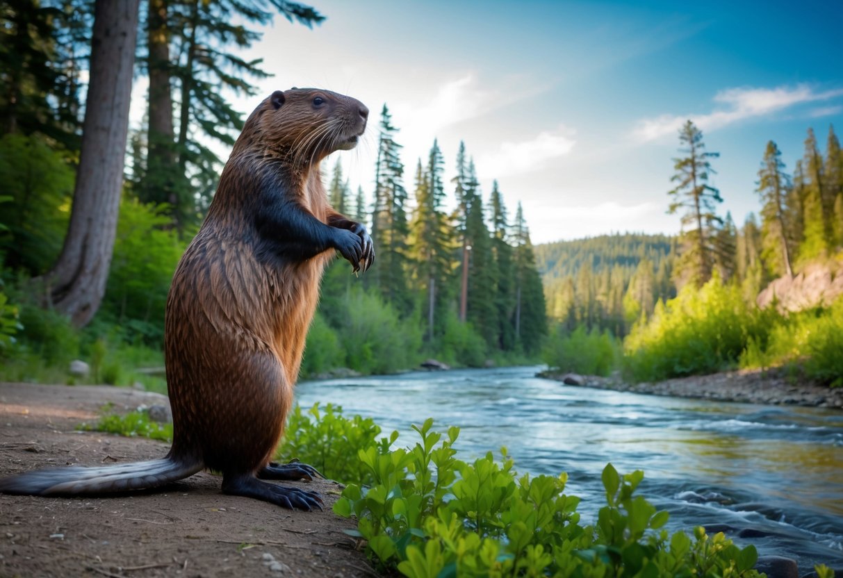 A giant beaver stands tall next to a flowing river, surrounded by towering trees and lush vegetation. Its impressive size and historical significance are evident in the majestic setting
