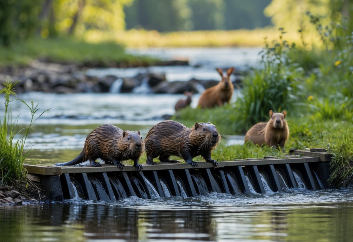 Beavers building a dam in a diverse ecosystem, surrounded by various animals benefiting from the water source and habitat