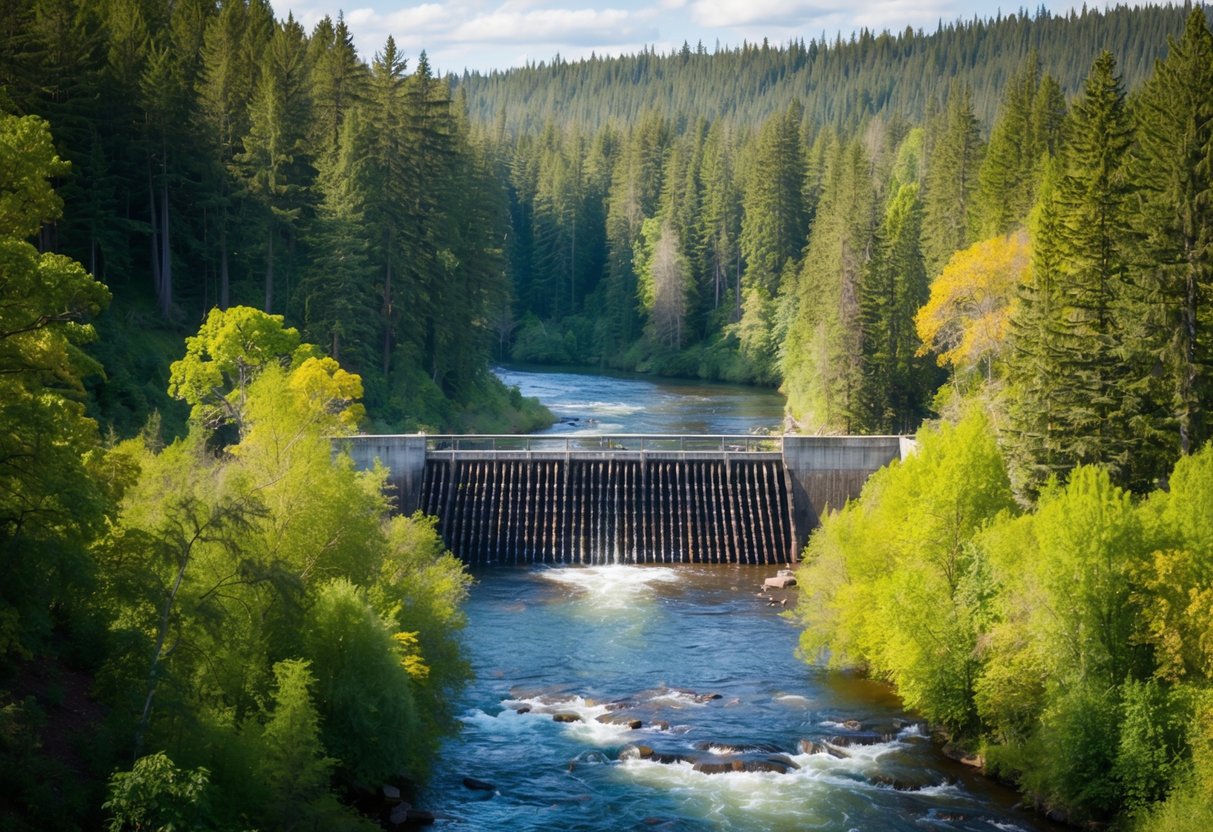 A lush forest with a flowing river, where a massive beaver dam stands tall, surrounded by towering trees and diverse wildlife