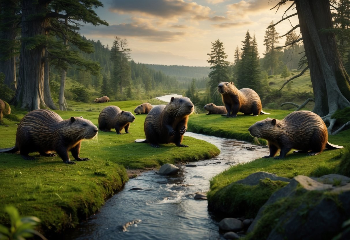 A group of giant beavers roam a lush prehistoric landscape, their massive bodies dwarfing the surrounding trees as they forage for food near a winding river