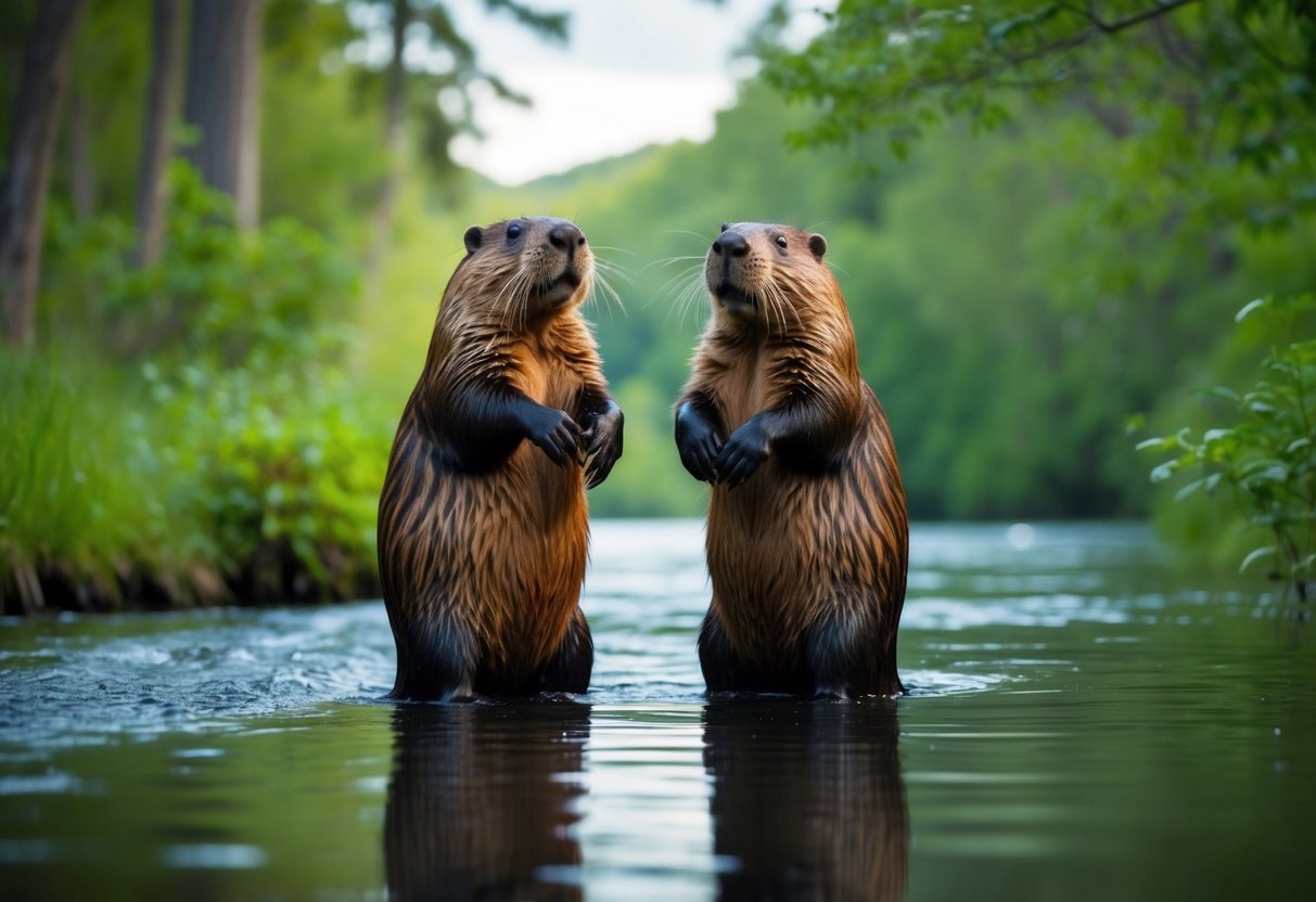 A lush forest with a flowing river, where two massive beavers stand tall, showcasing their impressive size and the wonder of their existence