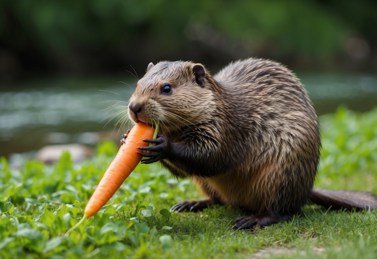 A beaver nibbles on a carrot in a lush, riverside setting
