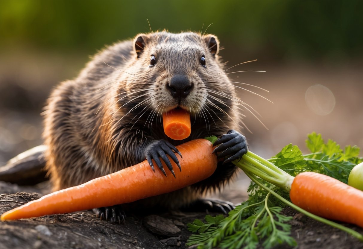 A beaver chewing on a carrot with other natural foods nearby