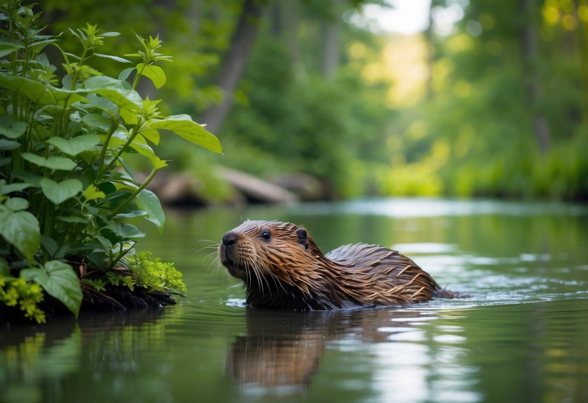 A beaver swims near its lodge in a tranquil river, surrounded by lush green trees and a variety of plants