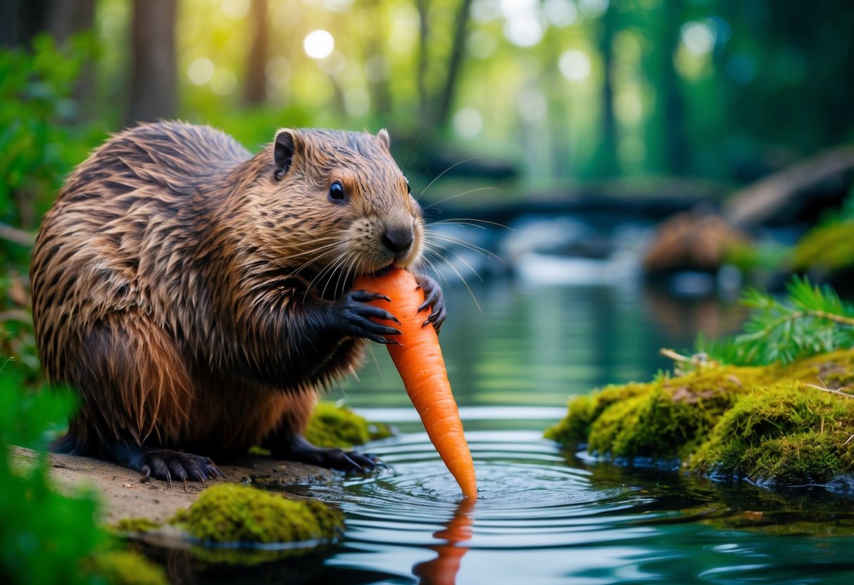 A beaver gnaws on a carrot while surrounded by a diverse ecosystem of trees, water, and wildlife