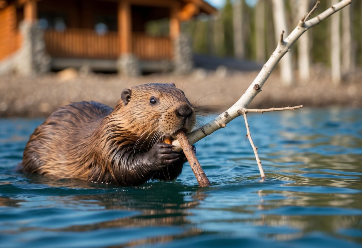 A beaver swimming near a lodge, gnawing on a branch of aspen tree