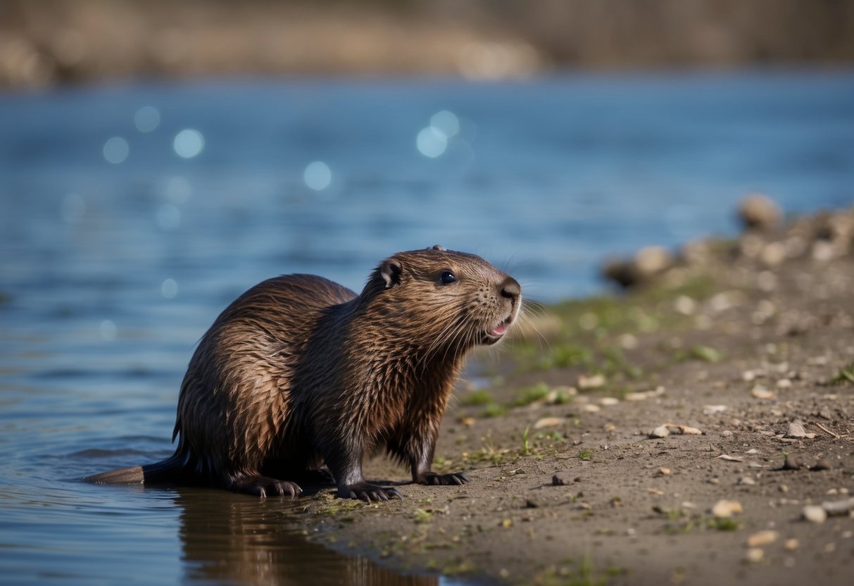 A beaver approaches a calm riverbank, its fur glistening in the sunlight as it curiously sniffs the air