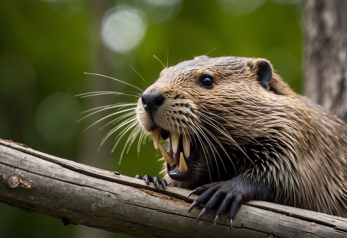 A beaver bites into a tree branch, its sharp teeth leaving deep grooves in the wood. The beaver’s powerful jaw muscles are evident as it chews through the bark