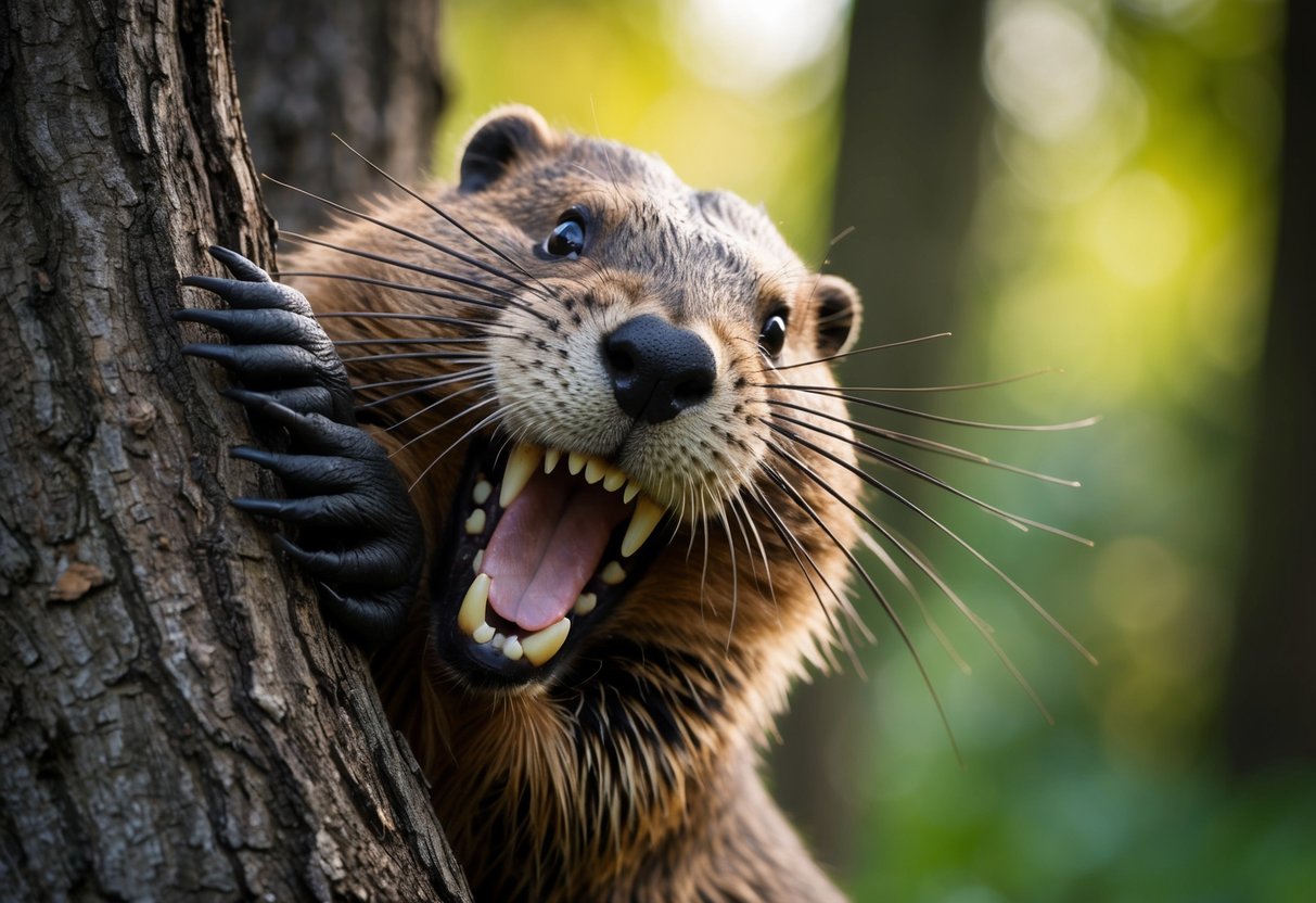 A beaver aggressively bites into a tree trunk, showing its powerful jaw and sharp teeth