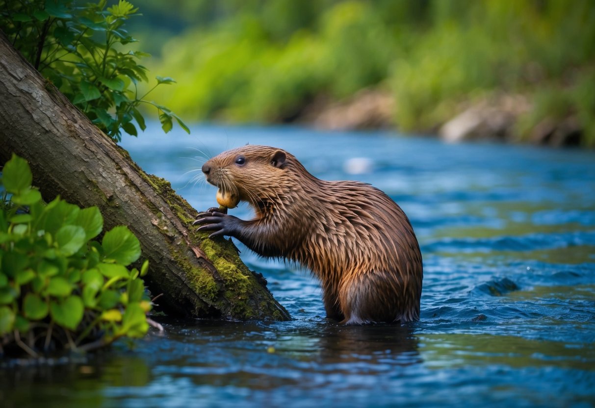 A beaver stands near a flowing river, surrounded by lush green vegetation. Its teeth are visible as it gnaws on a tree trunk