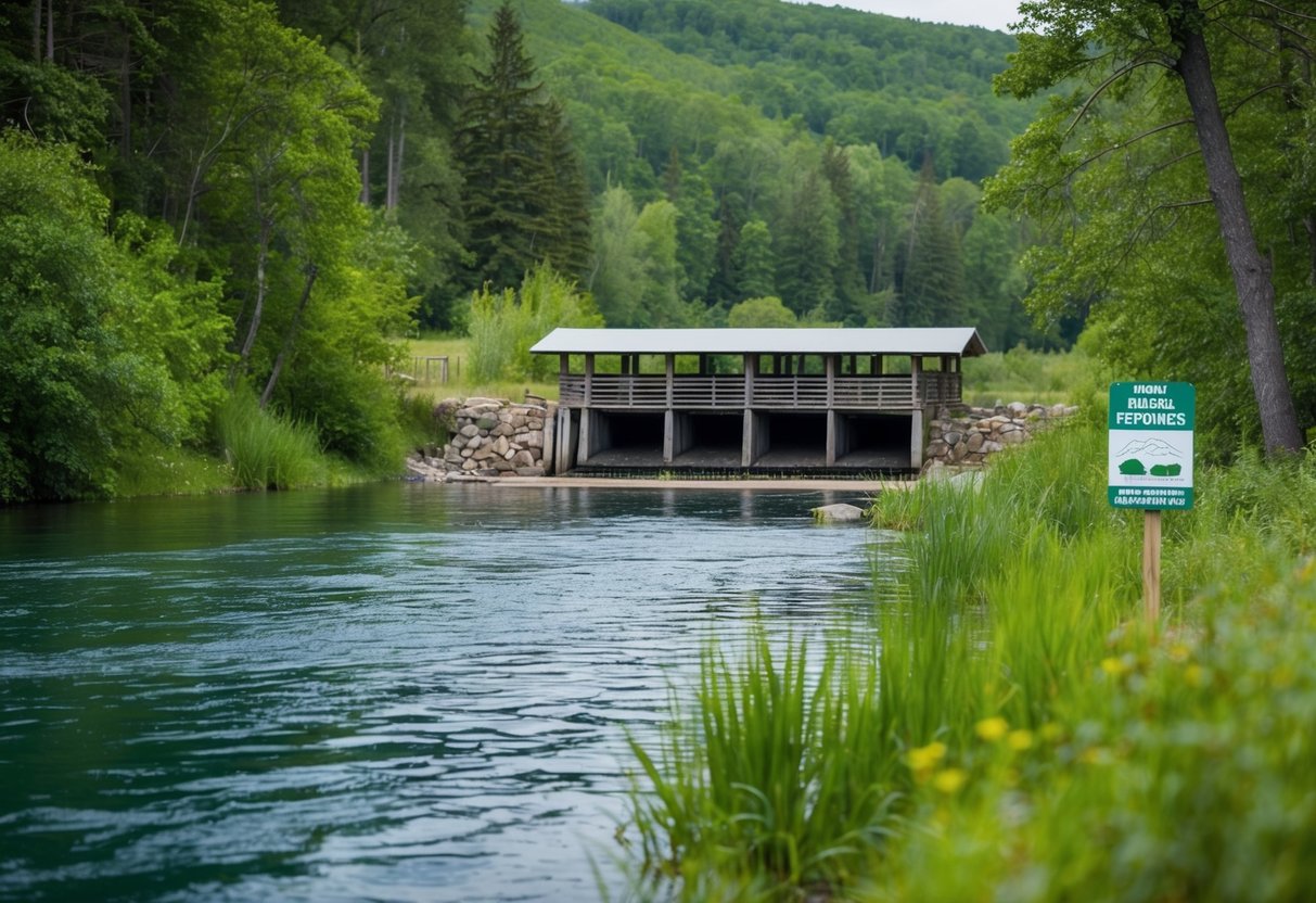 A serene river scene with a beaver dam and lodge, surrounded by lush greenery and wildlife. A sign nearby indicates conservation efforts