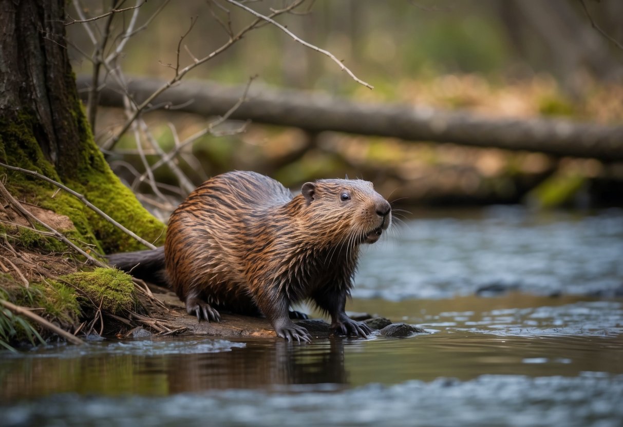 A beaver standing near a stream, surrounded by trees and other wildlife
