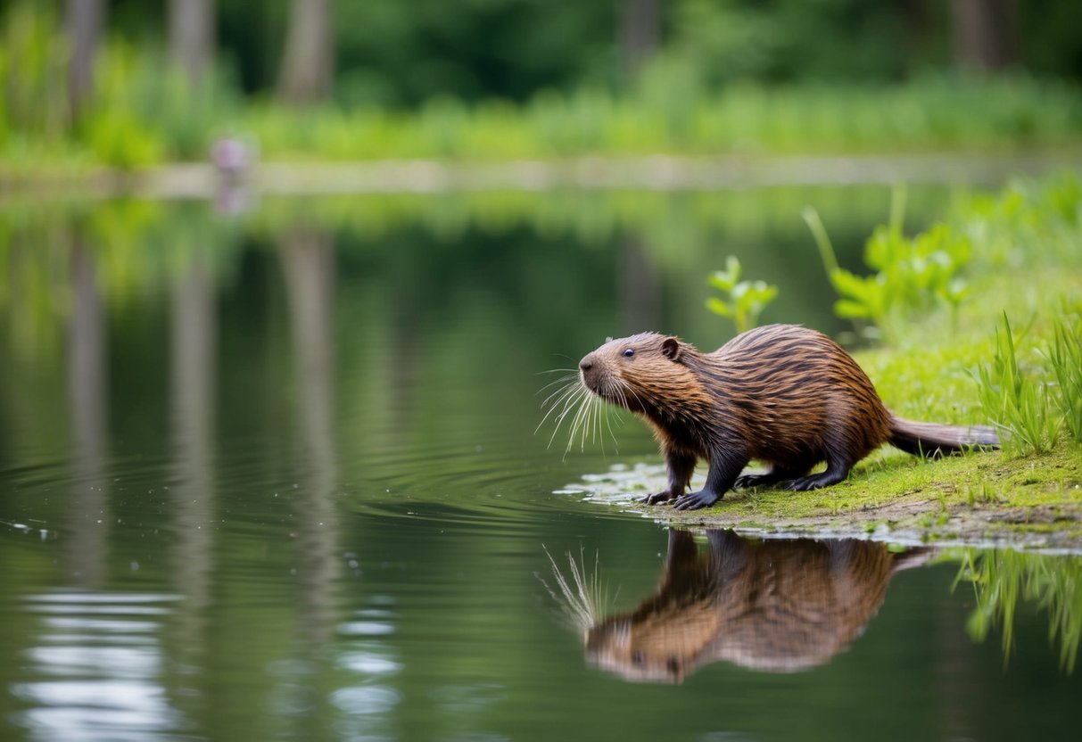A beaver slaps its tail at you, standing near the edge of a calm, reflective pond in a lush, wooded area