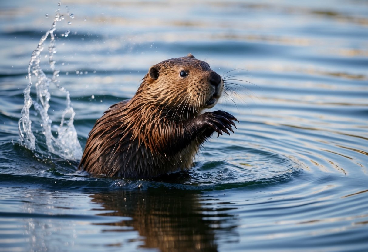 A beaver slaps its tail in the water, creating a loud noise and ripples, as it signals danger and warns others