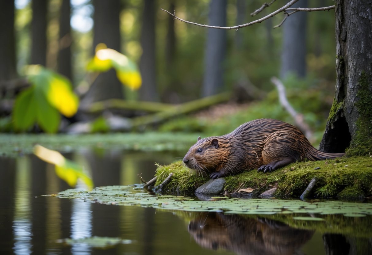 Beavers sleep in their cozy lodge nestled among the trees, surrounded by a peaceful pond