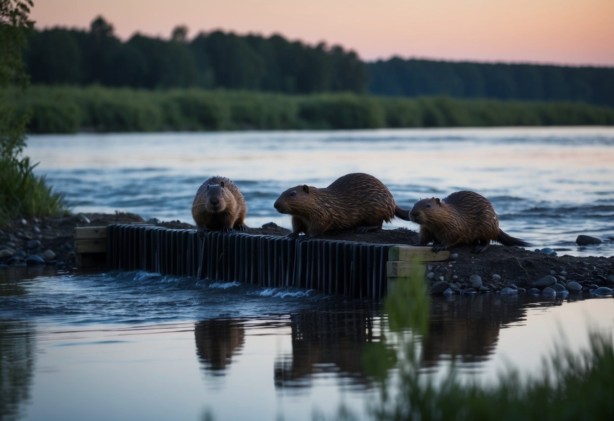 Beavers building dam at dusk near a river bank