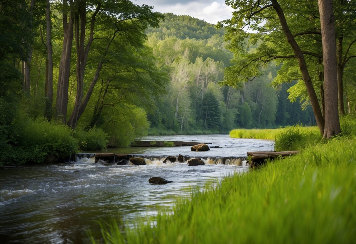 A lush European forest with a flowing river, where beavers build dams and gnaw on trees