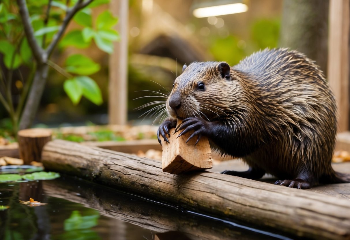 A beaver gnaws on a log in a cozy indoor enclosure, surrounded by a small pond and leafy trees