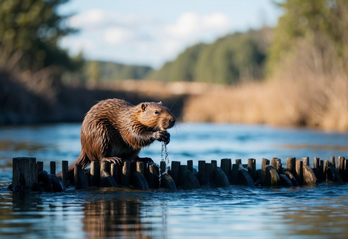 A beaver building a dam in a tranquil river setting