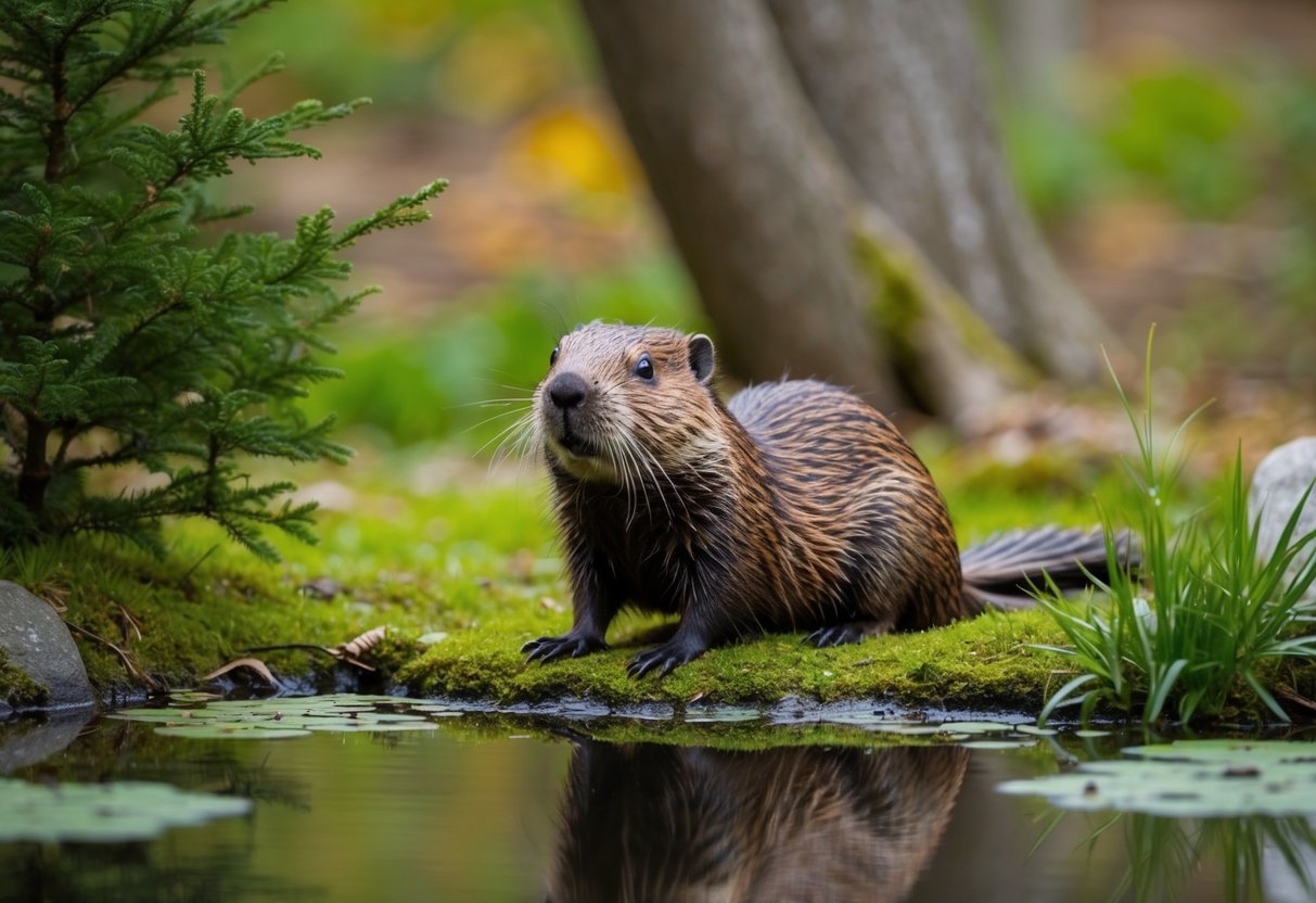 A beaver sits in a cozy, natural habitat with a small pond, trees, and greenery. The beaver is content and surrounded by signs of a healthy environment