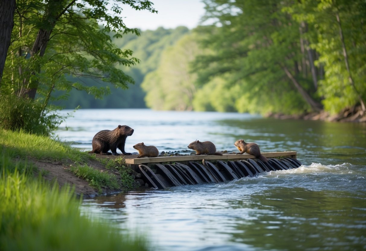 A serene riverbank with a family of beavers building a dam, surrounded by lush green trees and peaceful flowing water