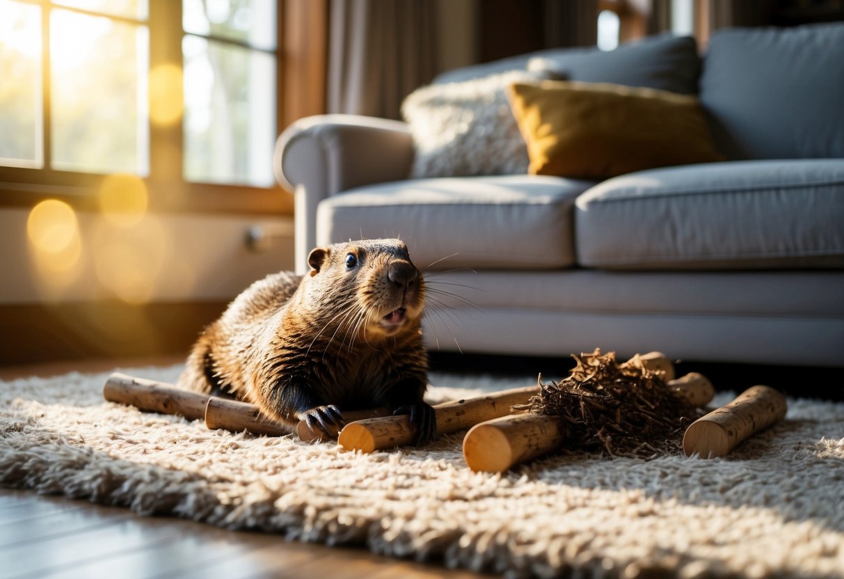 A cozy living room with a beaver lounging on a plush rug, surrounded by chewed-up logs and a makeshift dam. Sunlight streams in through a large window, casting a warm glow on the scene