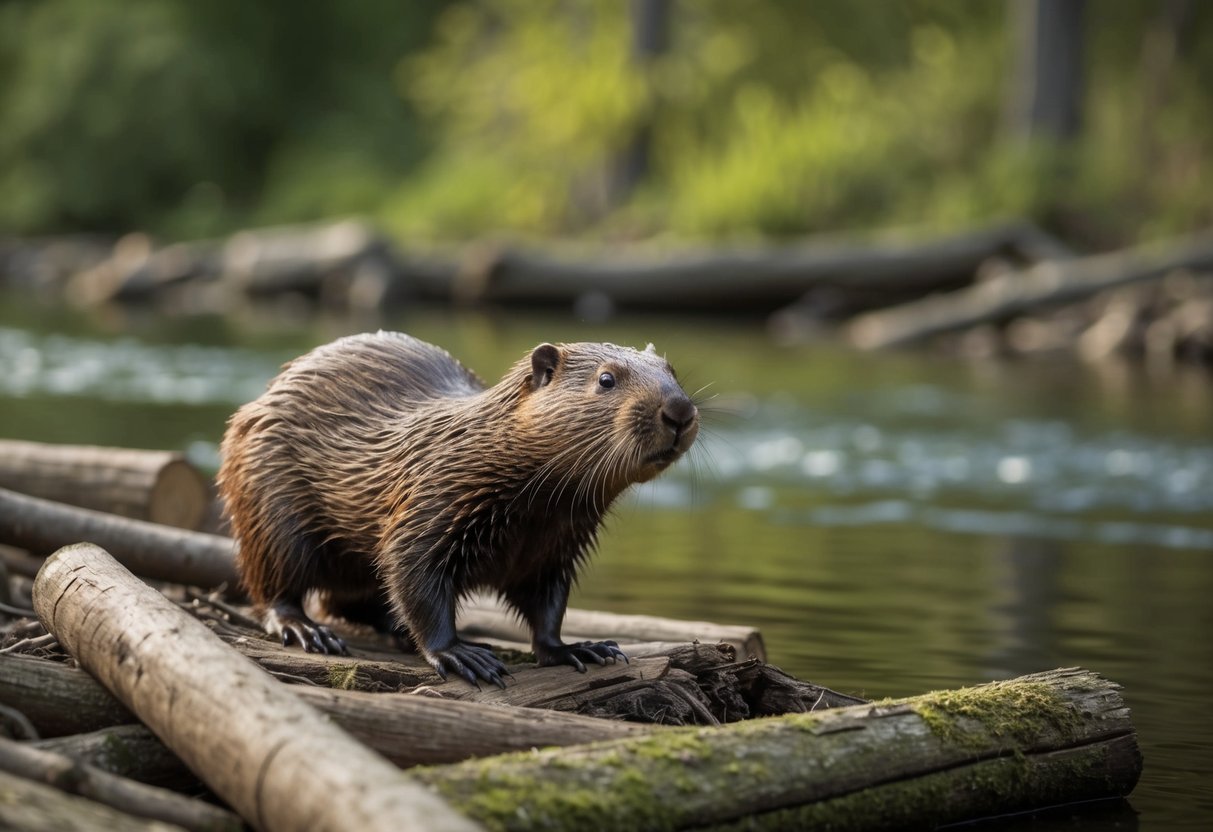 A beaver standing near a river, surrounded by trees and logs