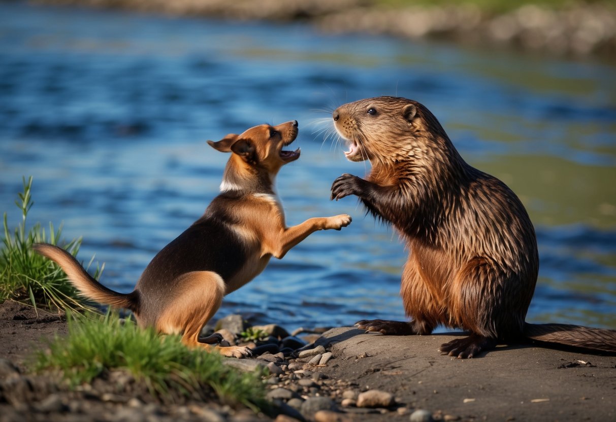 A beaver confronts a dog near a riverbank. The beaver shows its teeth and raises its tail in a defensive posture