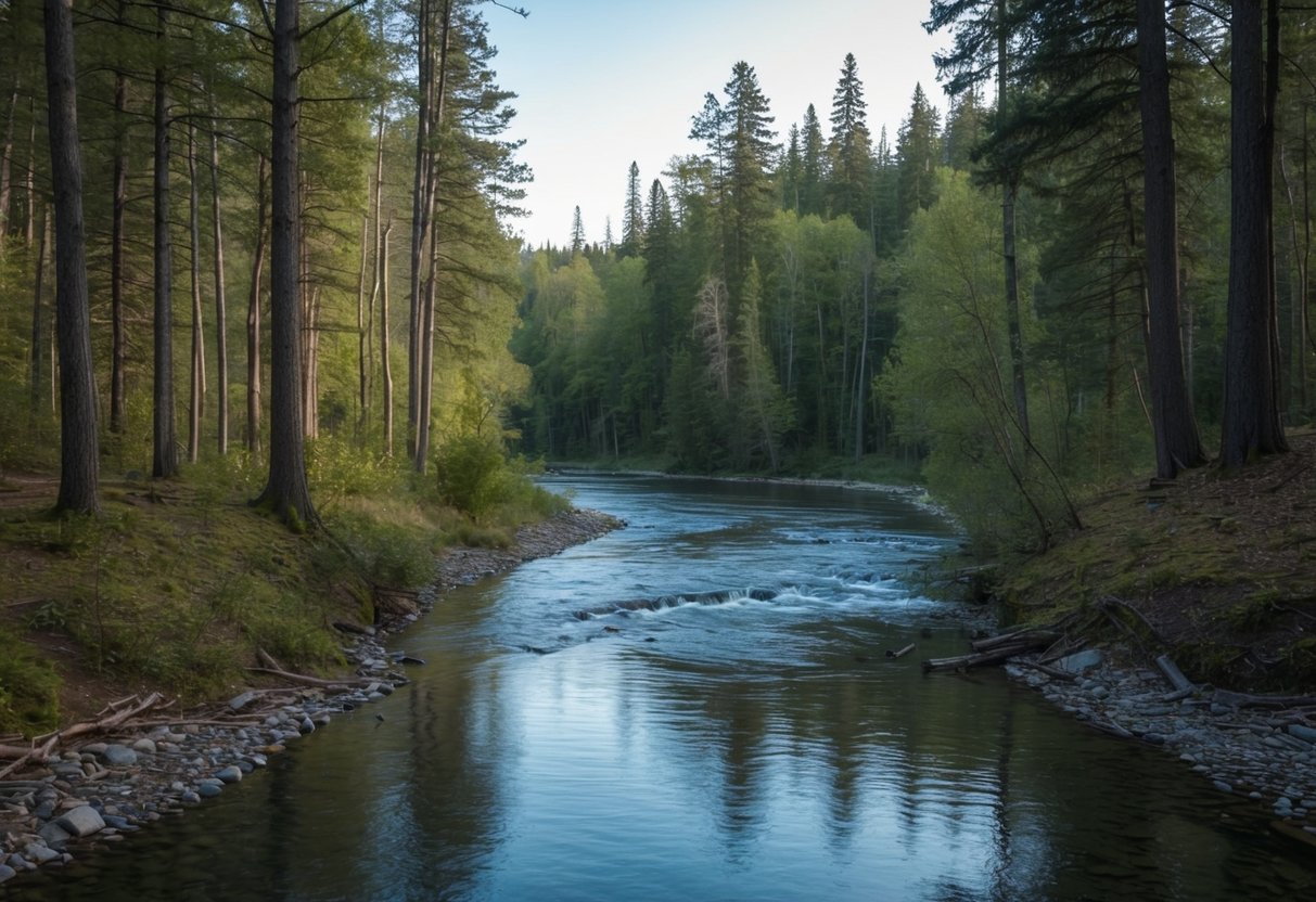 A tranquil forest with a meandering river, where beavers once built their dams and lodges, now devoid of their presence