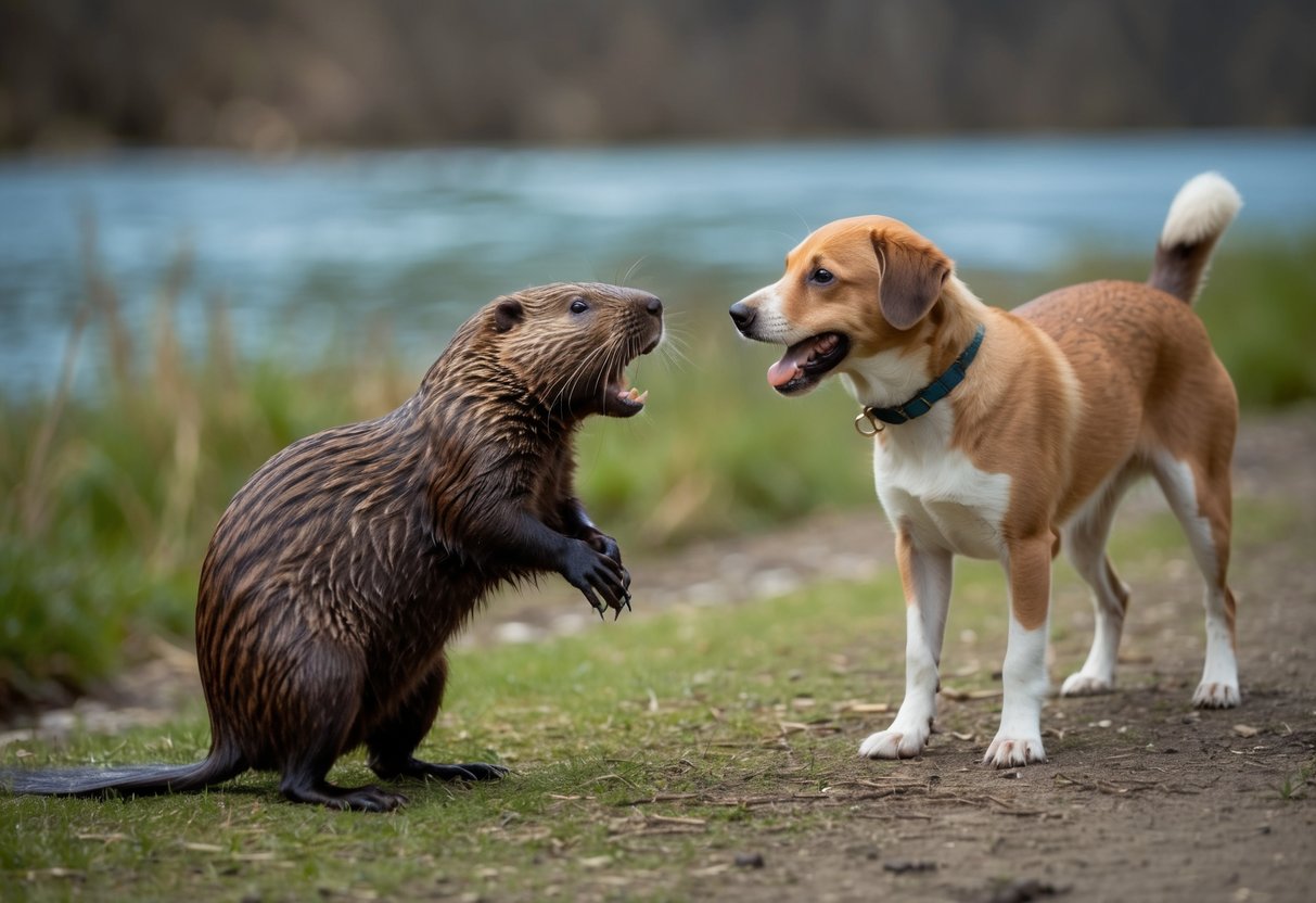A beaver stands on its hind legs, baring its teeth at a curious dog near a riverbank